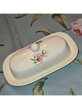 Vintage Coral Pine Edwin Knowles Butter Dish Pink Floral Mid-Century JH8020